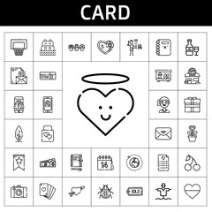 card icon set. line icon style. card related icons such as gift, payment method, cherry, shower, wedding gift, ladybug, photo camera, scarecrow, sea, basketball, pet shop