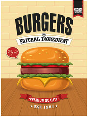 Vintage food poster design with vector burger.