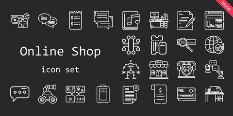 online shop icon set. line icon style. online shop related icons such as audiobook, website, search engine, contract, message, trolley, robot, exam, bar, chat, 24 hours, desk