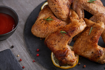 Roasted chicken wings in barbecue sauce with pepper seeds Rosemary, salt in a black stone plate on a gray stone table. top view with copy space. tasty snack for beer on a dark background. Flat lay.
