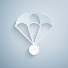 Paper cut Parachute icon isolated on grey background. Extreme sport. Sport equipment. Paper art style. Vector