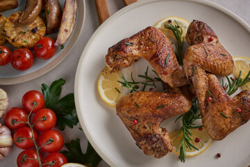 Roasted chicken wings in barbecue sauce and mixed vegetable salad with pepper seeds rosemary, salt in white plate on light color stone table. top view with copy space. tasty snack. Flat lay.