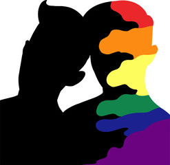 Silhouette of a loving homosexual couple on a white background. rainbow symbol. 