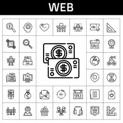 web icon set. line icon style. web related icons such as shield, online shopping, shop, headphones, traffic barrier, pantone, robot, password, hourglass, percentage, tag