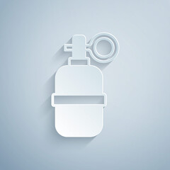 Obraz premium Paper cut Hand grenade icon isolated on grey background. Bomb explosion. Paper art style. Vector