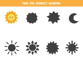 Find the correct shadow of cute sun. Logical puzzle for kids.