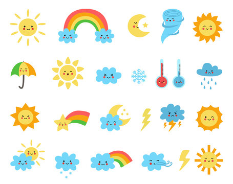 Set of cute cartoon weather icons. Vector illustrations.