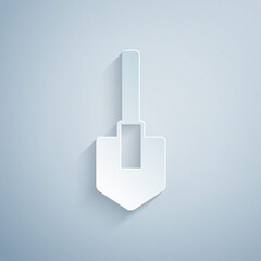 Paper cut Shovel icon isolated on grey background. Gardening tool. Tool for horticulture, agriculture, farming. Paper art style. Vector