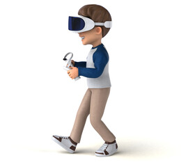 Fun 3D illustration of a cartoon kid with a VR helmet