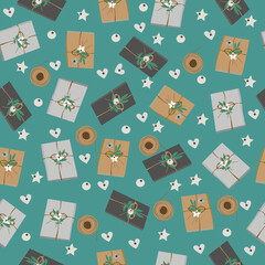 Seamless pattern of holiday gift boxes and decoration details. Vector illustration. Ideal for wrapping paper