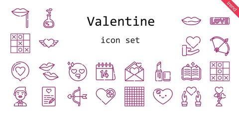 valentine icon set. line icon style. valentine related icons such as love, groom, bow, lipstick, kiss, heart, love potion, cupid, lips, spellbook, in love, tic tac toe, love letter, valentines day,