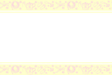 Vector hand drawn border, frame of outline flowers and garden equipments. Horizontal top and bottom edging, seamless pattern, ornament, decorative element with tools gardening in doodle style