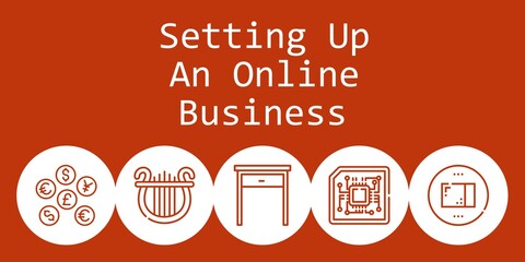 setting up an online business background concept with setting up an online business icons. Icons related lyre, package, coins, cpu, table