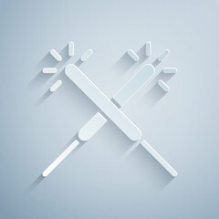 Paper cut Sparkler firework icon isolated on grey background. Festive Christmas sparkler candle lights. Merry Christmas and Happy New Year. Paper art style. Vector