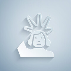 Paper cut Statue of Liberty icon isolated on grey background. New York, USA. Paper art style. Vector