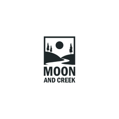 creeks and moon view logo designs with evergreen, fir, pine trees.