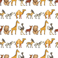 Endless texture with cute funny animals living in Africa. Seamless pattern for kid design