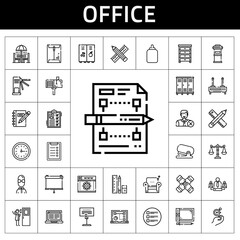 office icon set. line icon style. office related icons such as door, glue, wall clock, laptop, clipboard, school material, locker, router, balance, projector, armchair, web development