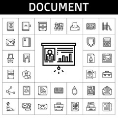 document icon set. line icon style. document related icons such as newspaper, insurance, mail, briefcase, book, seal, drawer, calculating, biography, sketchbook, pencil