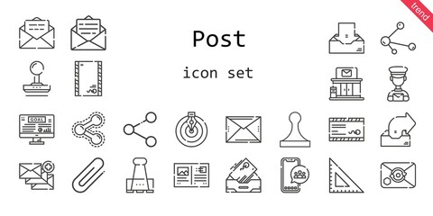 post icon set. line icon style. post related icons such as goal, mail, paper clip, stamp, outbox, square, envelope, postman, postcard, post office, share, inbox, social media, email, clip,