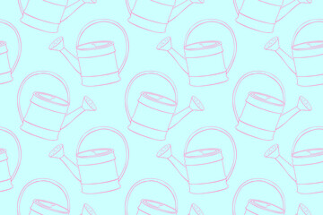 Seamless pattern with watering cans. Hand drawn outline vector background and texture in doodle style, isolated. Gardening tools for working in the garden, on the farm, in the dacha, country site