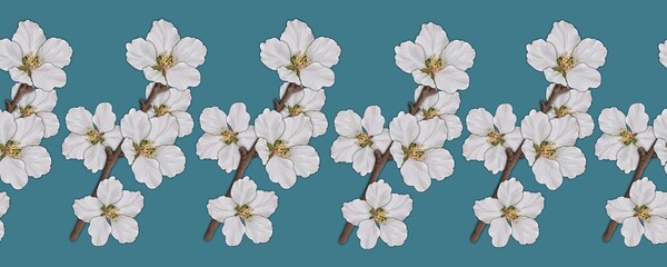 Seamless border, pattern with cherry blossoms on twigs on a blue background