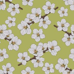 Seamless pattern with cherry blossoms on twigs on a yellow-green background
