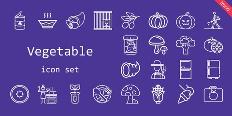 vegetable icon set. line icon style. vegetable related icons such as kiwi, soup, fridge, sprout, corn, broccoli, sauce, crate, food, mushrooms, farmer hoeing, tomatoes, lunchbox, fish food, peas