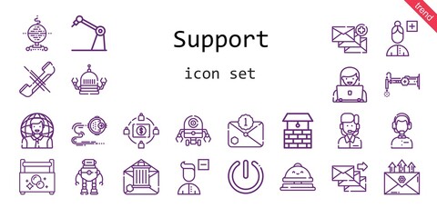 support icon set. line icon style. support related icons such as robot, phone, add user, customer service, crowdfunding, toolbox, well, power, user, email, remove user, reception bell,