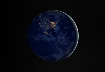 View of planet Earth at night with cities lights on America 3D rendering elements of this image furnished by NASA