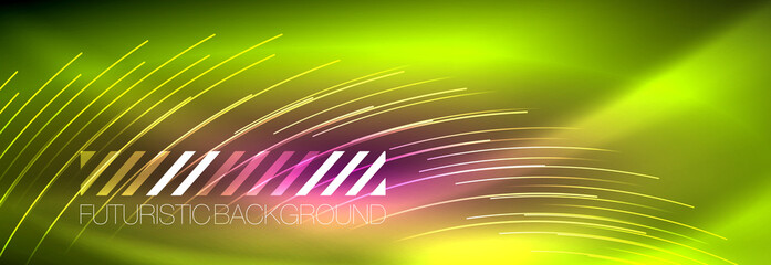 Neon glowing lines, magic energy and light motion background. Vector wallpaper template