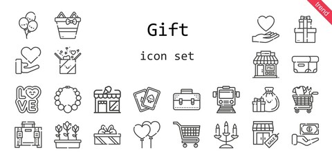 gift icon set. line icon style. gift related icons such as love, gift, shop, cards, balloons, briefcase, stores, box, necklace, store, carts, tulips, candelabra, shopping cart, cash, train, gifts,