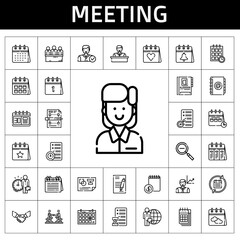 meeting icon set. line icon style. meeting related icons such as calendar, planning, handshake, candidates, schedule, candidate, agreement, contract, zoom out, employee, agenda