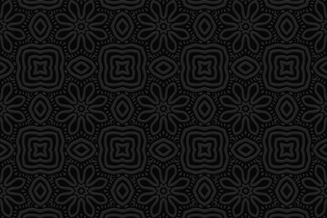 3d volumetric convex embossed geometric black background. Ethnic pattern in doodling style, handmade. Oriental floral graceful ornament for wallpaper, stained glass, presentations, textiles, website.