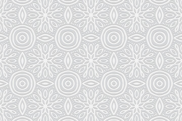 3d volumetric convex embossed geometric white background. Ethnic pattern in doodling style, handmade. Oriental stylized floral ornament for wallpaper, stained glass, presentations, textiles, website.