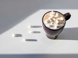 Top view on cup of cappuccino with marshmallow. Geometrical minimalist background with coffee mug....
