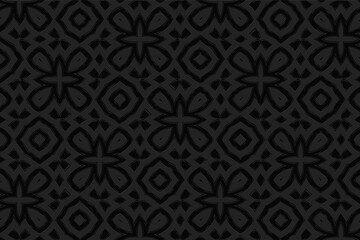 3d volumetric convex embossed geometric black background. Ethnic pattern in doodling style, handmade. Mexican abstract ornament for wallpaper, stained glass, presentations, textiles, website.