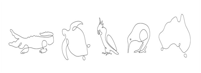one line set of Australian animals. cockatoo outline. kiwi continuous line. crocodile lines design. turtle line art. 