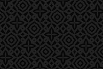 3d volumetric convex embossed geometric black background. Ethnic pattern in doodling style, handmade. Mexican abstract ornament for wallpaper, stained glass, presentations, textiles, website.