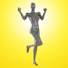 A grey female faceless mannequin stands clutching one leg and hands on a yellow illuminated background. 3d rendering