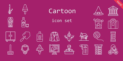 cartoon icon set. line icon style. cartoon related icons such as sun lotion, toilet brush, suitcase, chameleon, candy, broom, mummy, wool ball, egyptian, shovel, closet, employee, list, popsicle