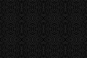 3d volumetric convex embossed geometric black background. Ethnic pattern in doodling style, handmade. Stylized Aztec ornament for wallpaper, stained glass, presentations, textiles, website.