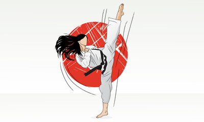A girl in a kimono with a black belt strikes with 
her foot. Vector illustration of martial arts.