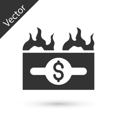 Grey Burning dollar bill icon isolated on white background. Dollar bill on fire. Burning of savings. Vector