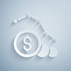 Paper cut Dollar rate decrease icon isolated on grey background. Cost reduction. Money symbol with down arrow. Business lost crisis decrease. Paper art style. Vector