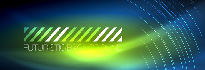 Neon glowing lines, magic energy and light motion background. Vector wallpaper template