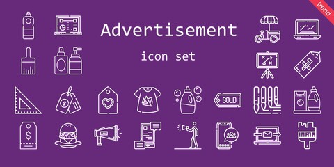 advertisement icon set. line icon style. advertisement related icons such as brush, megaphone, paint brush, advertising, laptop, perfume, detergent, square, communications, burger, tshirt