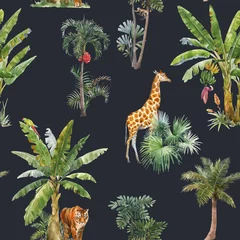  Beautiful vector seamless pattern with watercolor tropical palms and jungle animals tiger, giraffe, leopard. Stock illustration. © zenina
