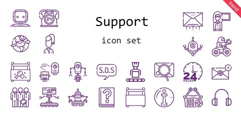 support icon set. line icon style. support related icons such as robot, teamwork, 24 hours, headphones, sos, toolbox, e commerce, user, email, guide, info,