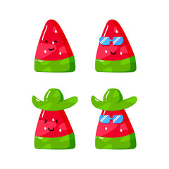 cute summer watermelon cartoon character with hat and sunglasses in flat hand drawn style